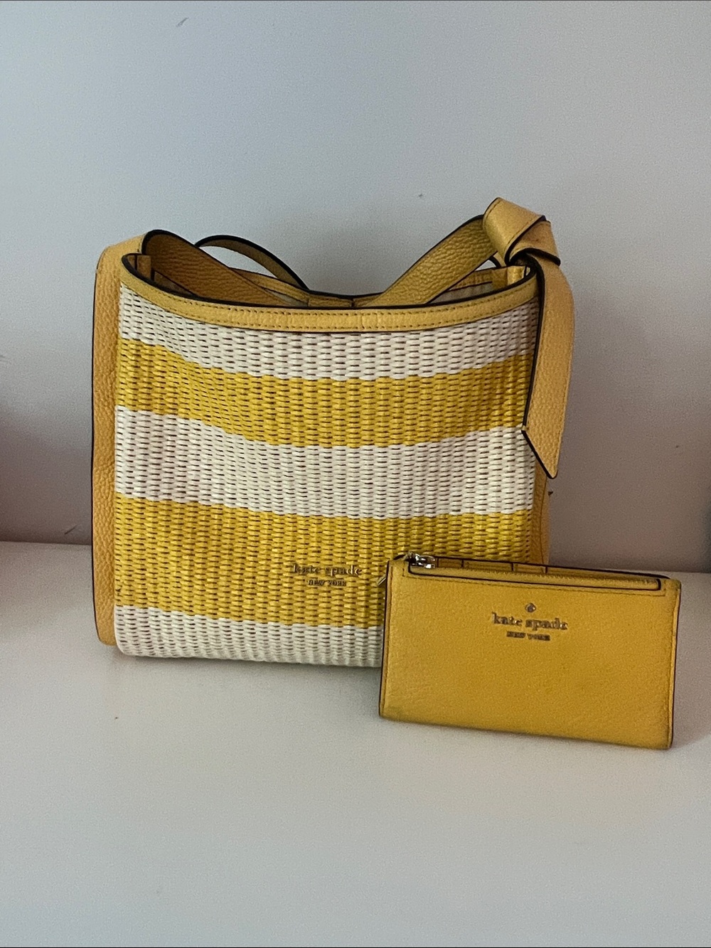 kate spade Yellow and White Woven “knott” Stripe Shoulder Bag with wallet